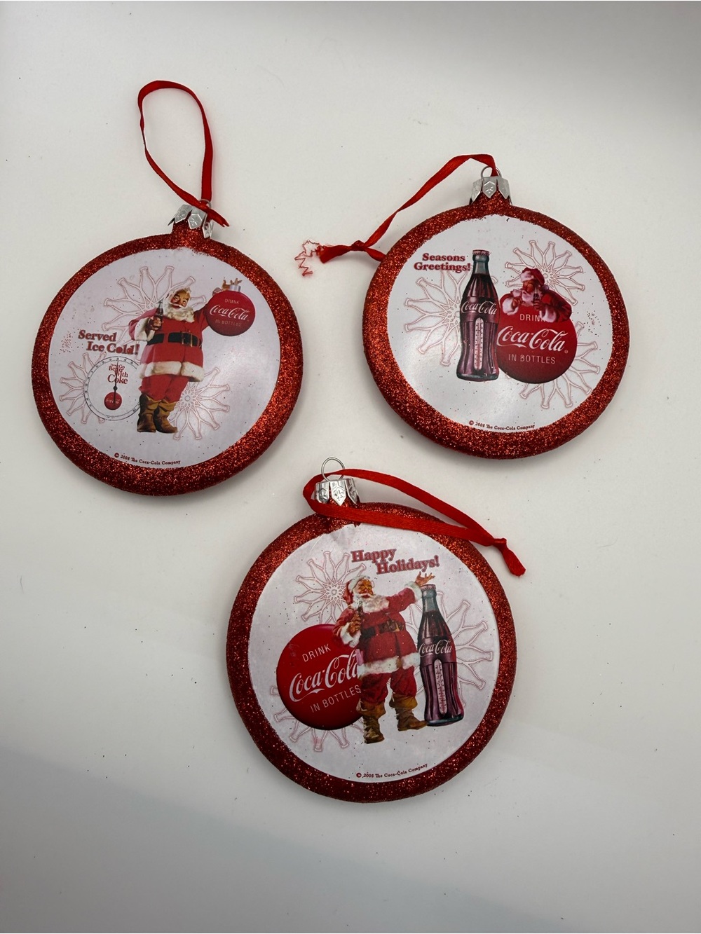 Coca Cola Red Glitter Disc Santa Holiday Ornament Set